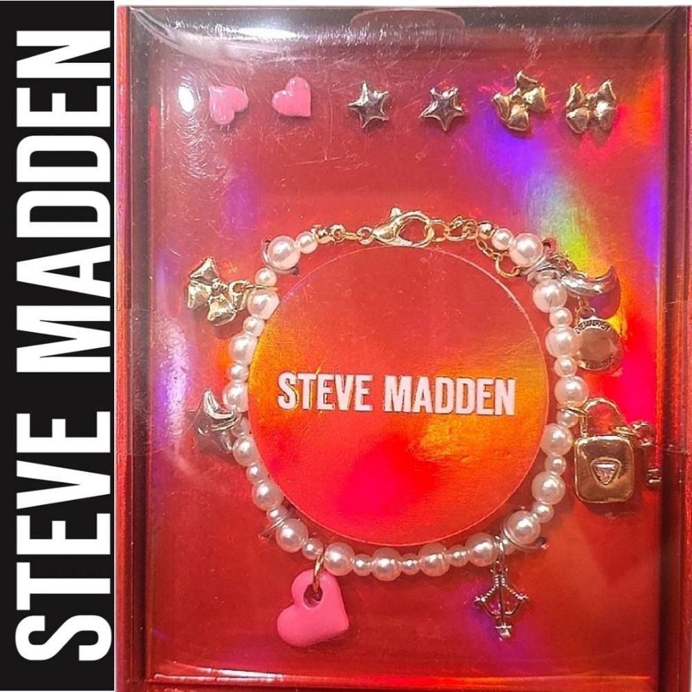 Steve Madden Pearl Charm Bracelet & Trio Earring Set